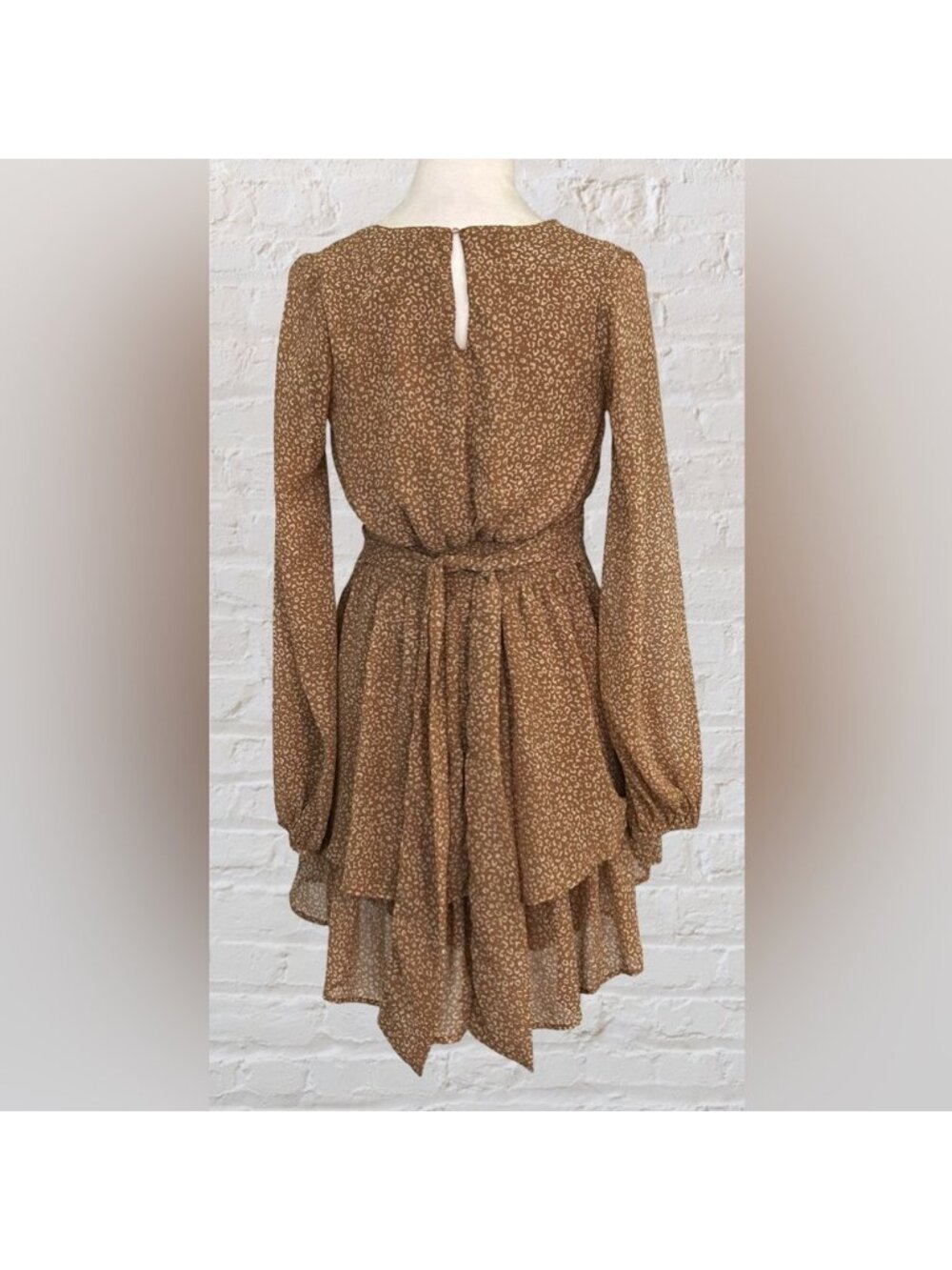 Brown Long Sleeve Mini Dress S Lightweight Boho Chic Cottagecore Peasant - Picture 6 of 11